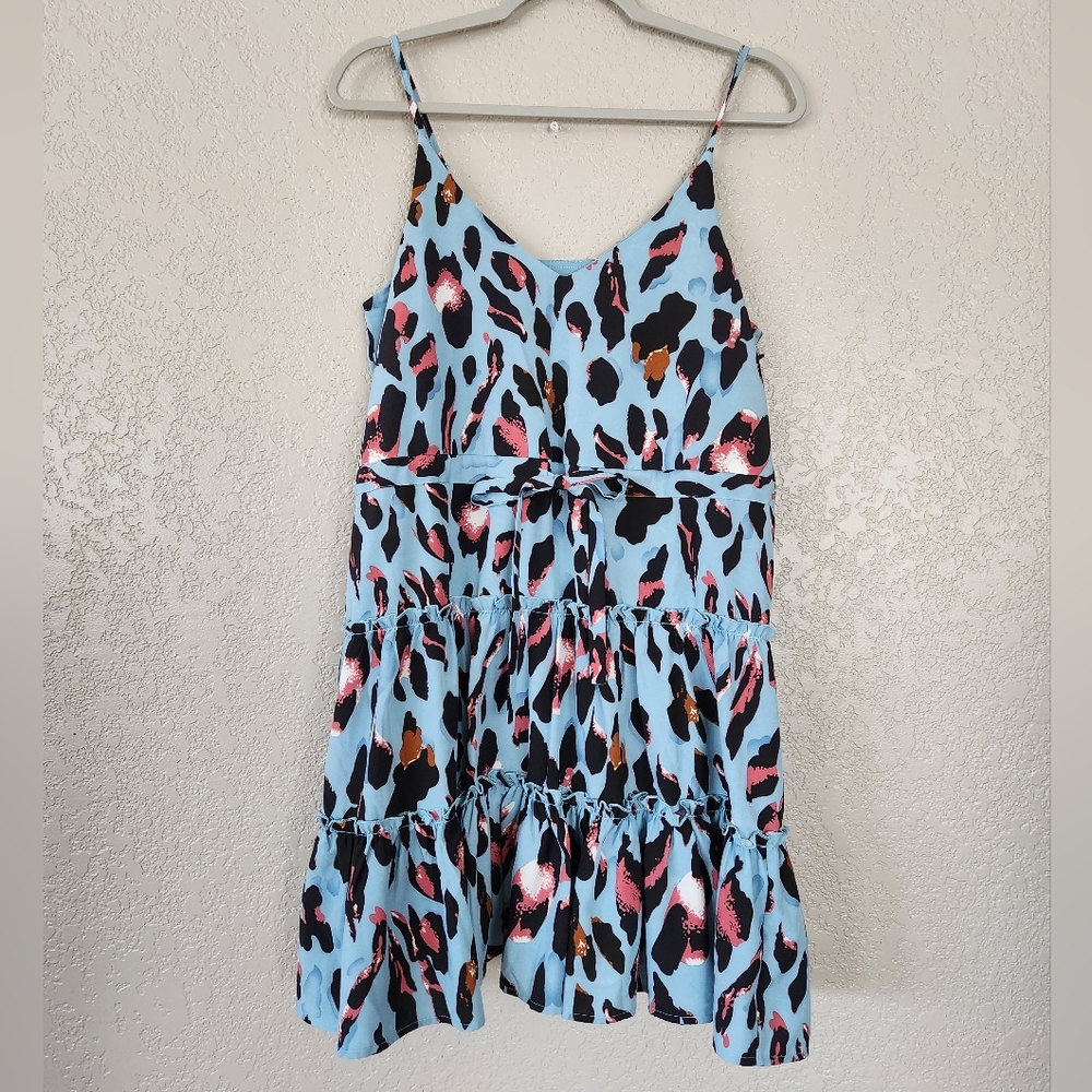 She + Sky Leopard Tie Tiered Dress Blue Size M